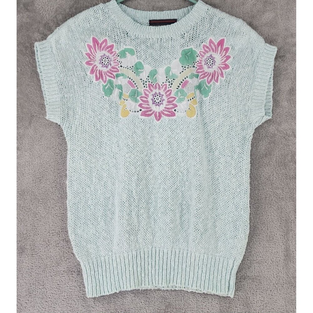 Positively Petite Sweater Womens PL Mint Green Knit Floral Embroidered Vintage